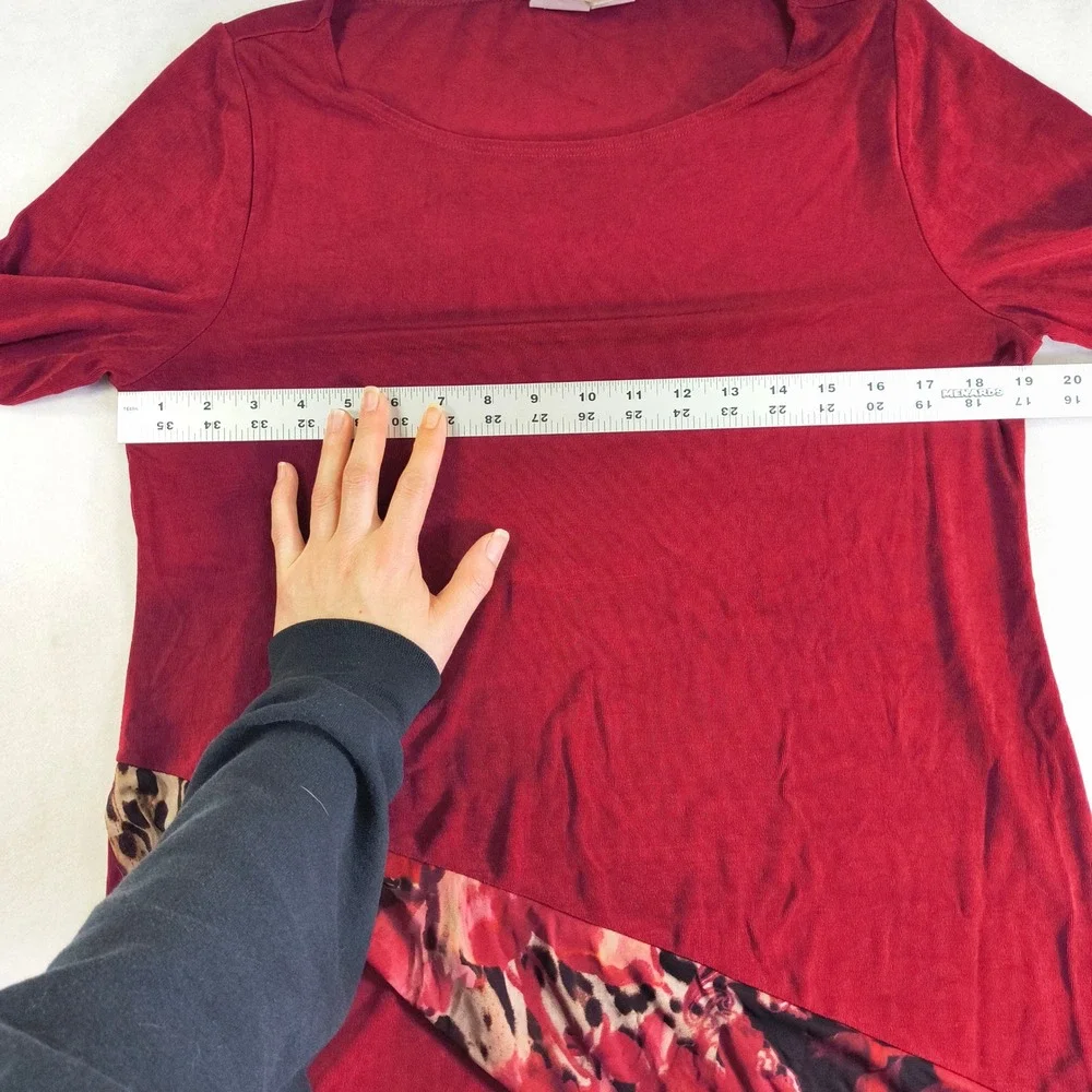 Chico's Asymmetrical Tunic Top Red Floral Chiffon Hem‎ 3/4 Sleeve Blouse Size M